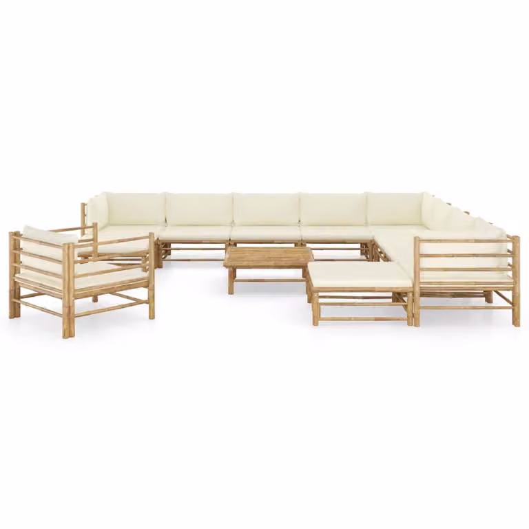 set da salotto da giardino da 12 pezzi con cuscini in bambù bianco crema