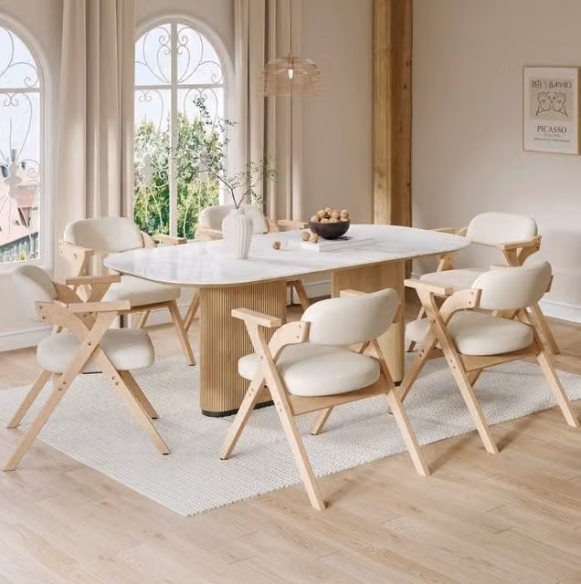 Set di 6 sedie pieghevoli beige in legno massello e lino