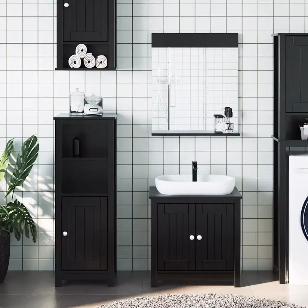 Set Mobili da Bagno BERG in Legno di Pino Nero, Composto da Mobile Lavabo, Colonna e Armadietto Specchio, Design Rustico e Sospeso – 2