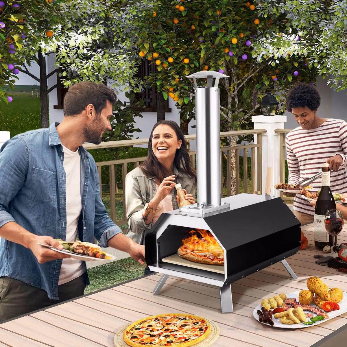 Costway Forno per Pizza Portatile in Acciaio Inox con Pietra e Termometro, Grill a Legna da Esterno con Gambe Pieghevoli, Nero – 3