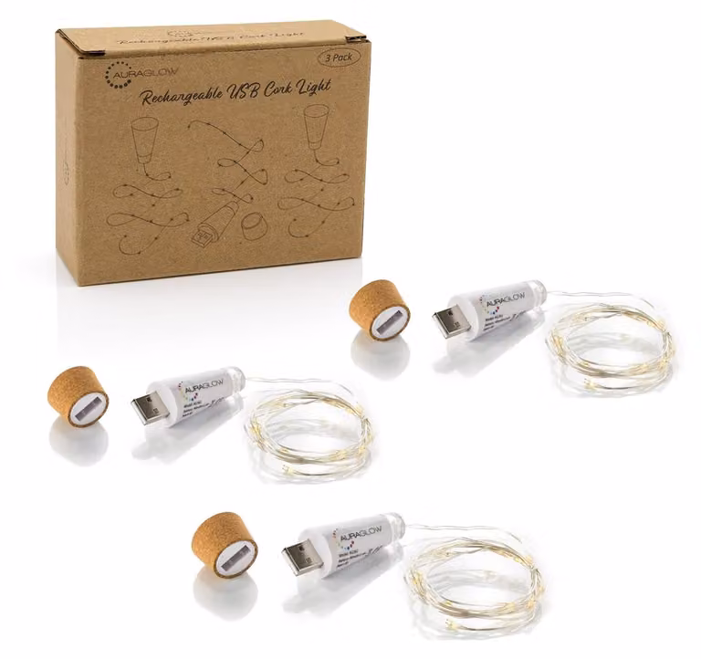 Illuminazione per bottiglie, set da 3, con 15 LED, ricaricabile, lunghezza cavo 1,5 metri