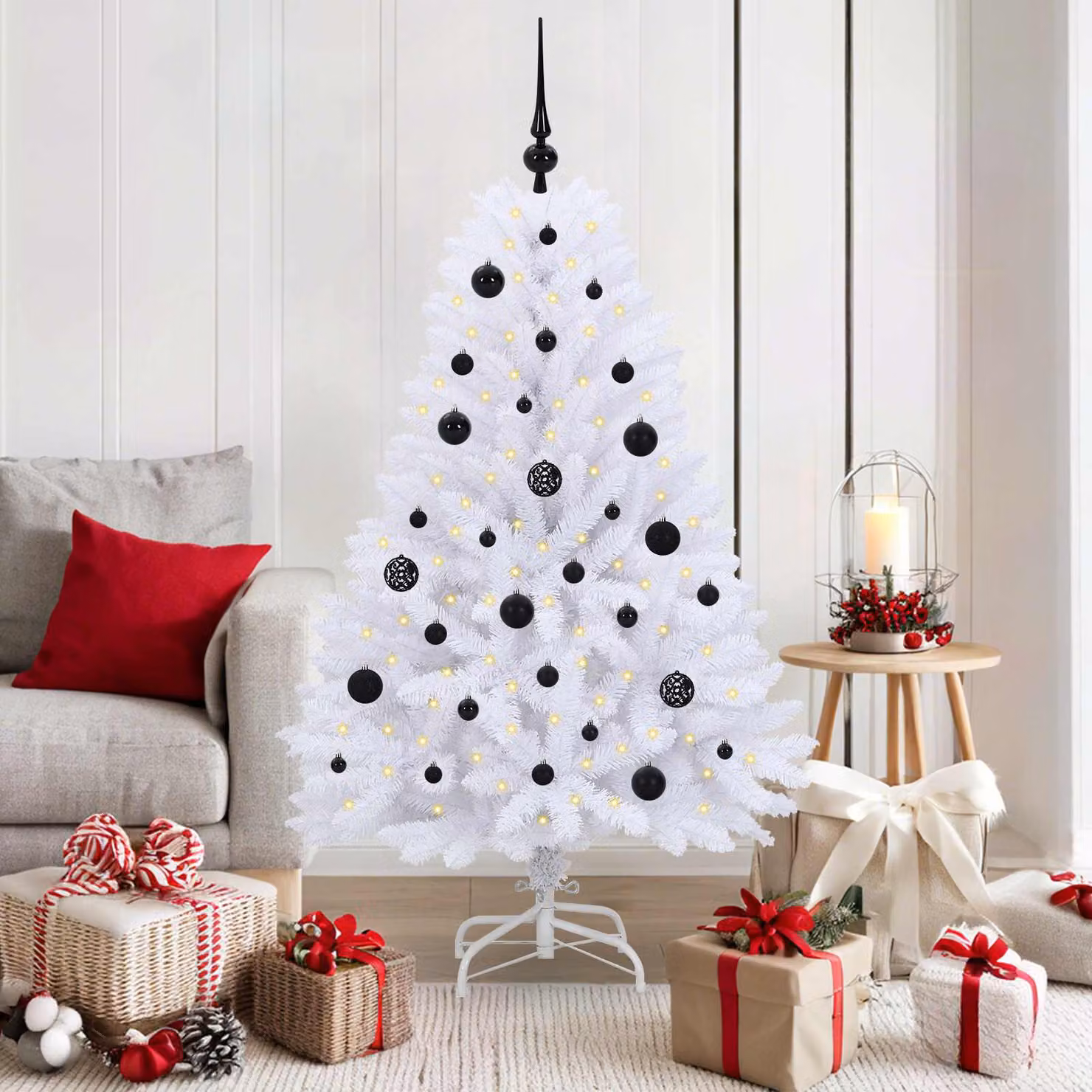 Albero di Natale Artificiale Moderno vidaXL con LED e Rami Pieghevoli in PVC e Metallo, Bianco, Altezza: 150 cm