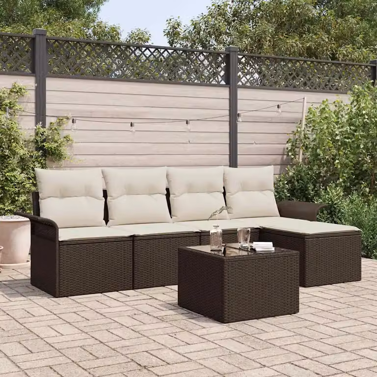 Set Divano da Giardino vidaXL 6 pz Marrone con Cuscini e Tavolino in Polyrattan e Metallo