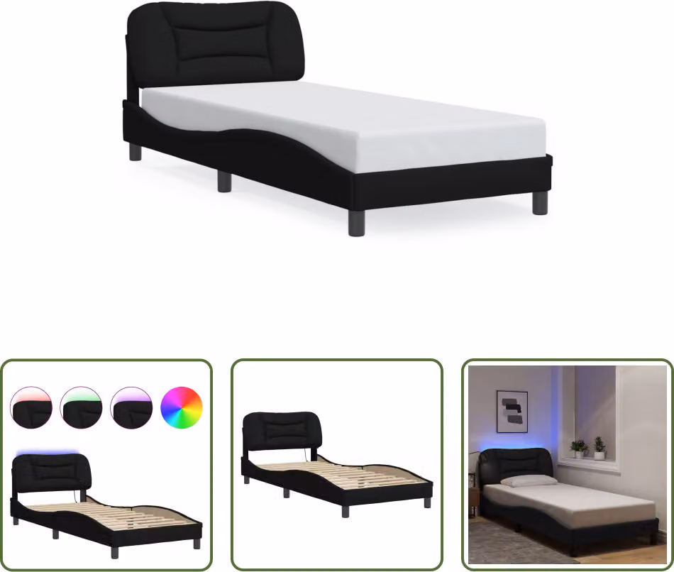 The Living Store Struttura letto con LED in tessuto nero 90x190 cm