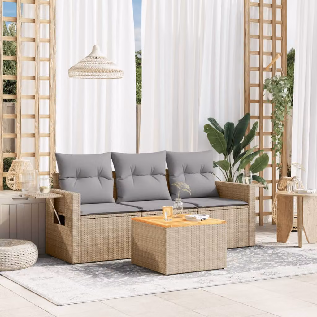 Set Divano da Giardino 4 pz vidaXL in Polyrattan Beige con Cuscini e Tavolino – 1