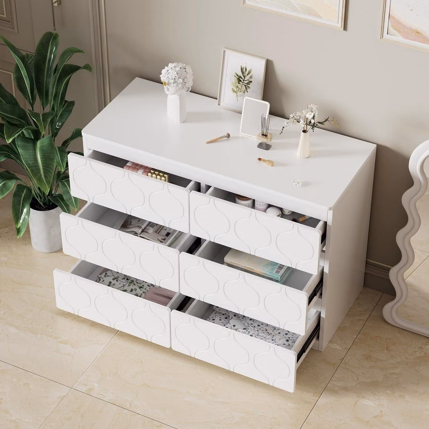 Comodino con 6 cassetti, motivo a onde, bianco, 110x40x72 cm