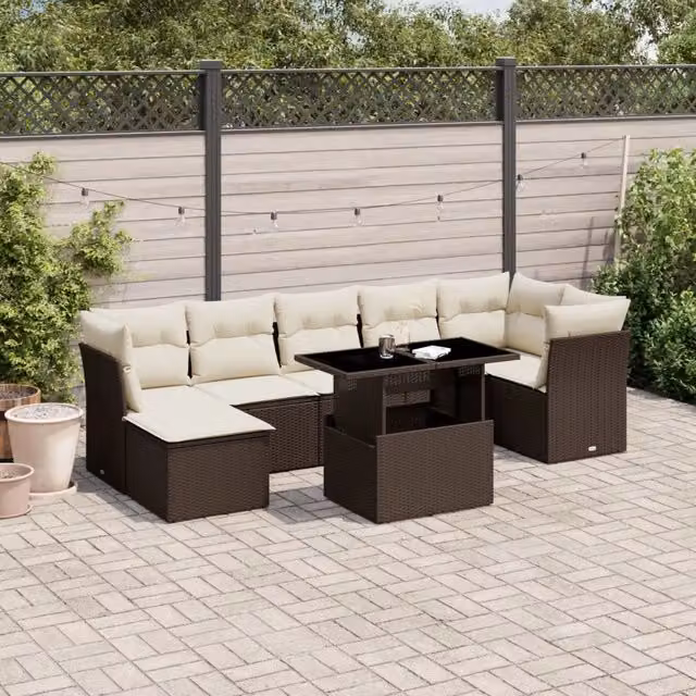 Set Divani da Giardino 8 pz con Cuscini Marrone in Polyrattan 3266753