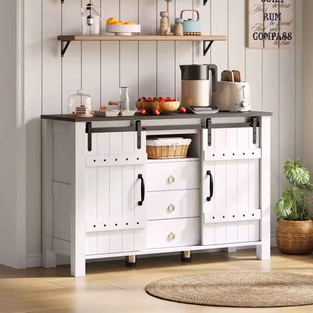 Buffet sideboard con 2 ante scorrevoli e 3 cassetti; 120x40x80 cm; MDF bianco