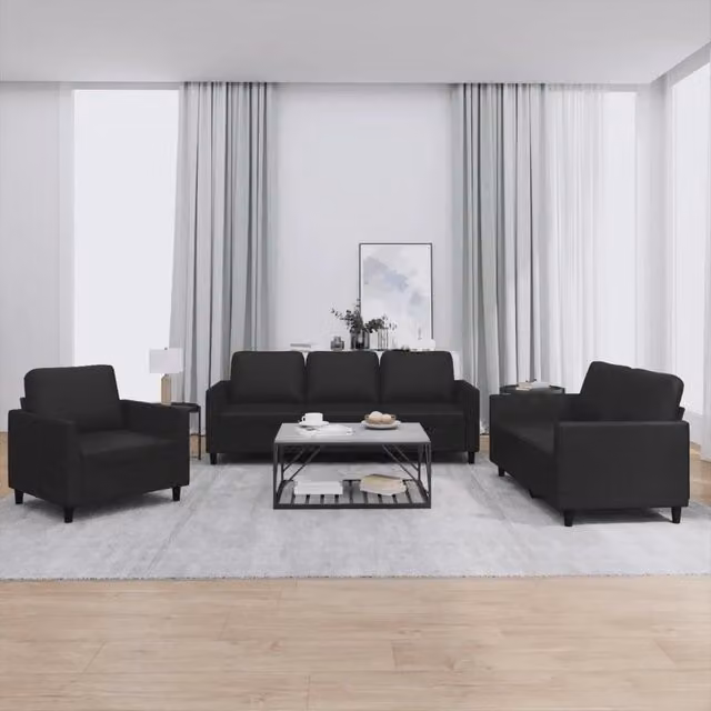 Set di divani 3 pezzi vidaXL in similpelle nera con cuscini per soggiorno moderno