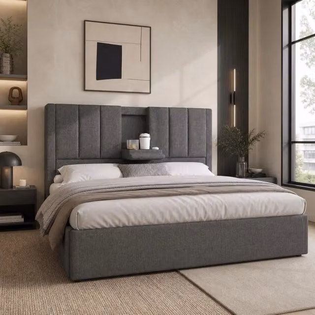 Letto imbottito 180x200 cm con contenitore; USB e portaoggetti; lino grigio