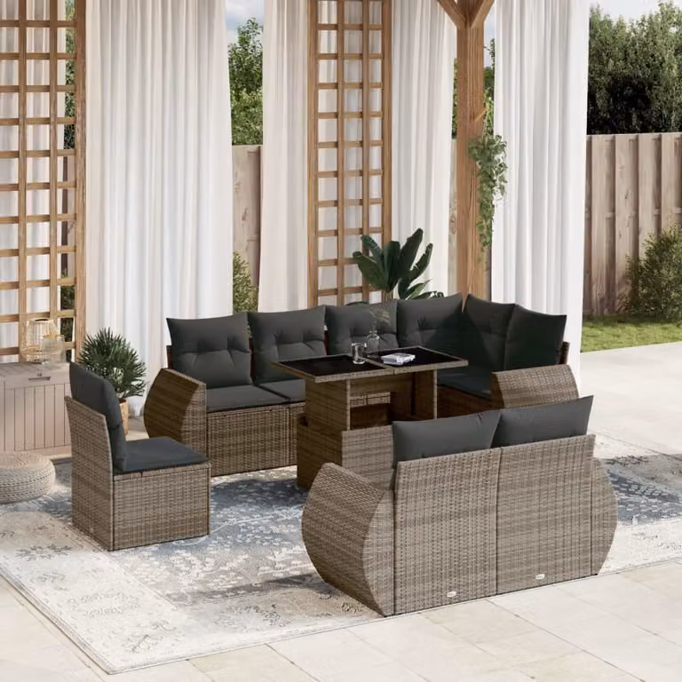 vidaXL Set Divano da Giardino a L 9 pz in Polyrattan Grigio con Cuscini e Tavolino da Esterno