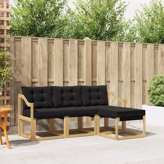 Set di divani da esterno vidaXL a forma di L con pouf, struttura in legno di acacia trattato e tessuto textilene, bianco e nero