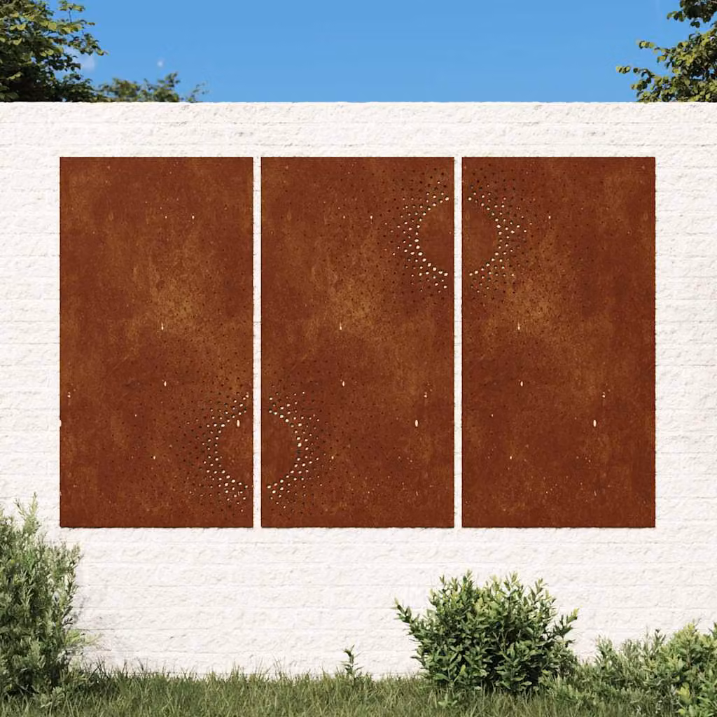 Set di 3 decorazioni da muro per giardino vidaXL con motivo sole in acciaio corten color marrone, L: 105 cm, H: 55 cm