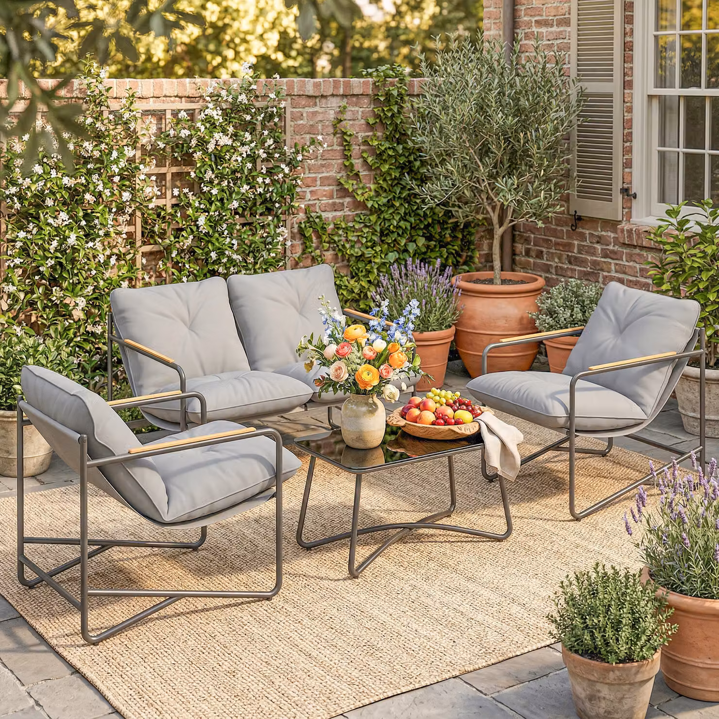 Set Giardino Outsunny 4 Posti con Cuscini, Salotto Moderno in Metallo Grigio Chiaro – 2