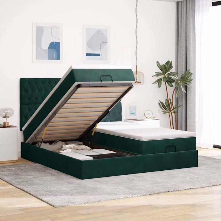Letto con contenitore a sollevamento vidaXL in velluto verde con materasso L: 160 cm, P: 200 cm, H: 128 cm