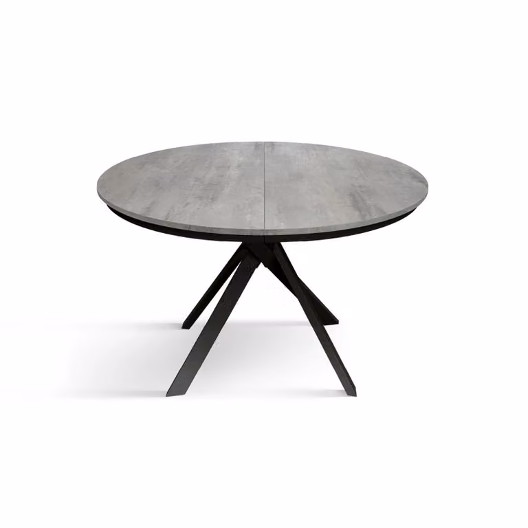 Tavolo rotondo PANTELLERIA in legno effetto grigio cemento con gambe incrociate in metallo antracite, allungabile ⌀120 cm – 170 cm