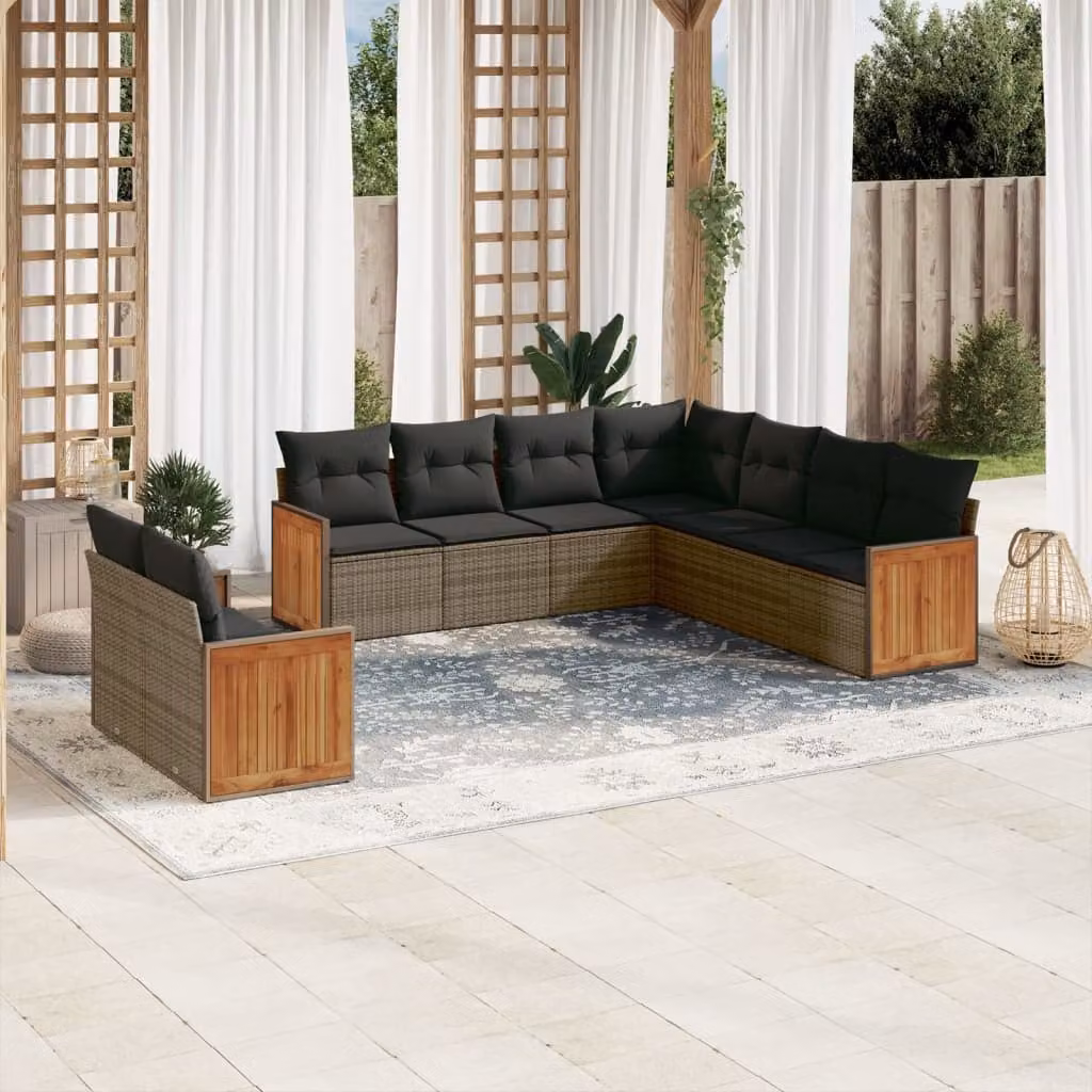 vidaXL Set Divano da Giardino a L in Polyrattan Grigio con 9 Cuscini Imbottiti e Rivestimenti Rimovibili – 1