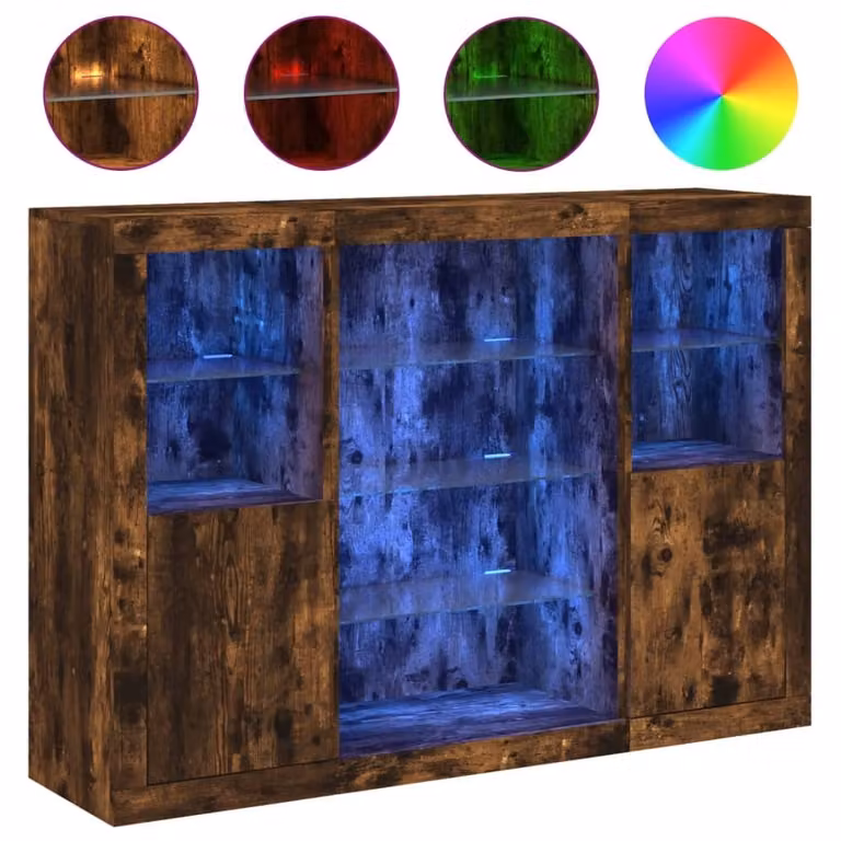 Credenze con Luci LED 3 pz Rovere Fumo in Legno Multistrato
