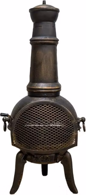 Caminetto da Giardino Chiminea Monster Shop in Ghisa con Canna Fumaria, Griglia e Copertura, Colore Nero o Bronzo, H: 110 cm, L: 48 cm, P: 50 cm