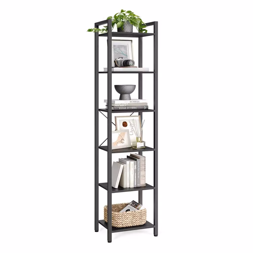 Scaffale Libreria per Ufficio Studio Soggiorno Camera da Letto Stile Industriale, Nero Ebano + Nero