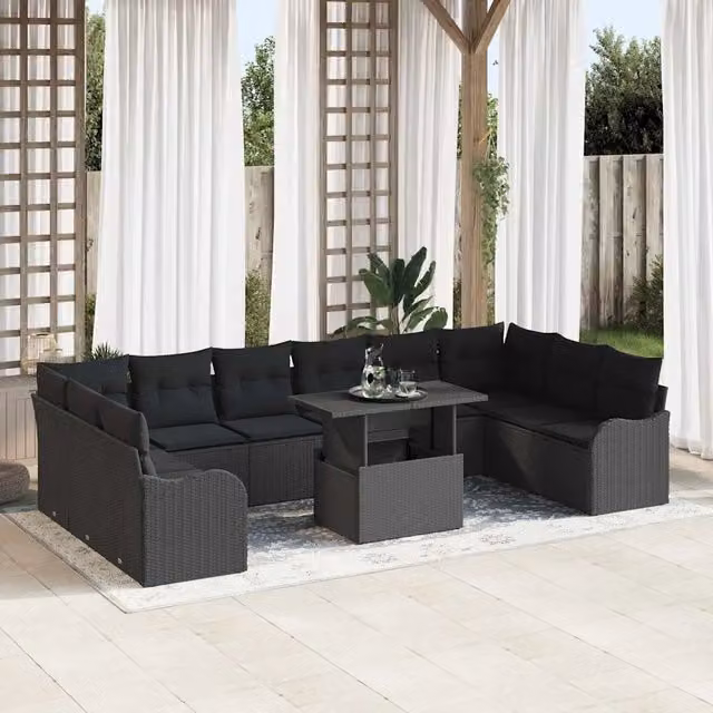 Set Divano da Giardino Moderno vidaXL in Rattan e Metallo Nero 11 Pezzi – 1
