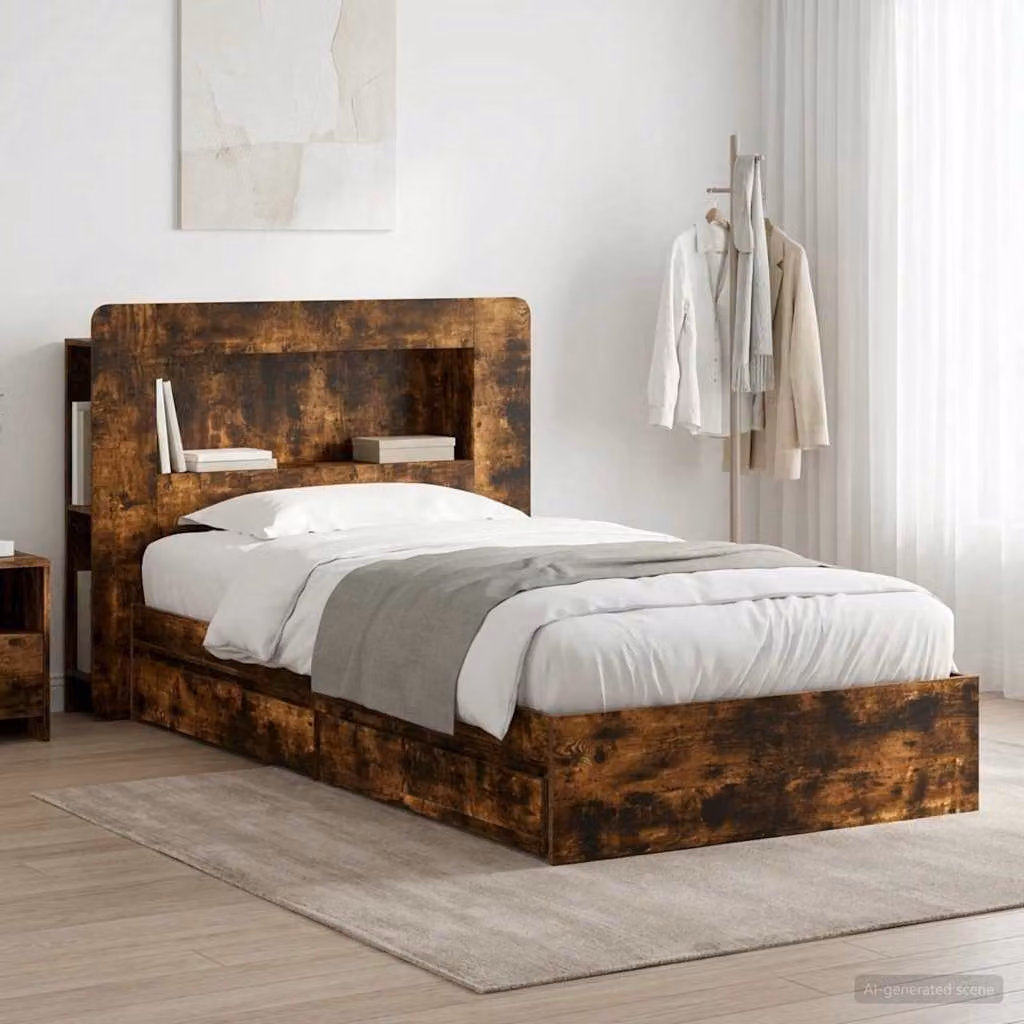 vidaXL Telaio del letto moderno con cassetti in legno Rovere Fumo L/P/H: 190 x 90 x 211,5 cm