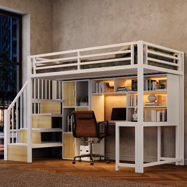 Letto a soppalco 90 x 200 cm; struttura in metallo; scala-armadio; ripiano contenitore; striscia LED; metallo; bianco