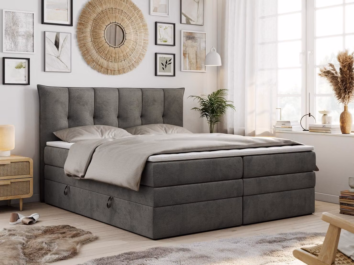 Letto boxspring con materasso a molle insacchettate a 7 zone e topper - PREMIUM-10-KING - 140x200 cm - Grigio scuro - H4