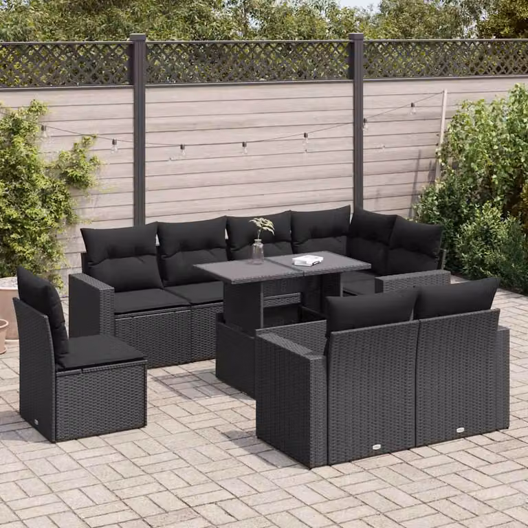 Set Divani da Giardino vidaXL 9 pz in Polyrattan Nero con Cuscini e Tavolino da Esterno a Forma di U