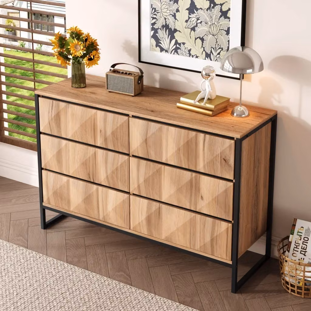 Madia MIVRAY con sei cassetti frontali in rilievo e maniglie integrate, struttura in metallo nero e legno, L 120 x P 40 x H 80 cm – 2