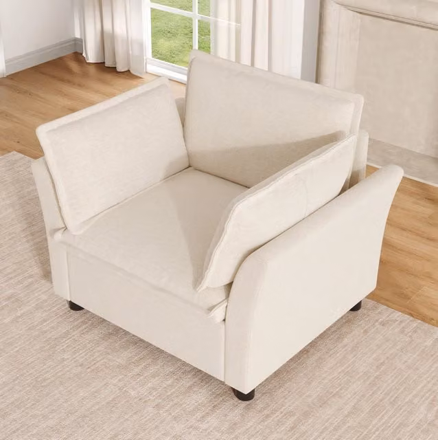 Poltrona singola 90x81x87 cm in chenille beige con braccioli curvi e 2 cuscini