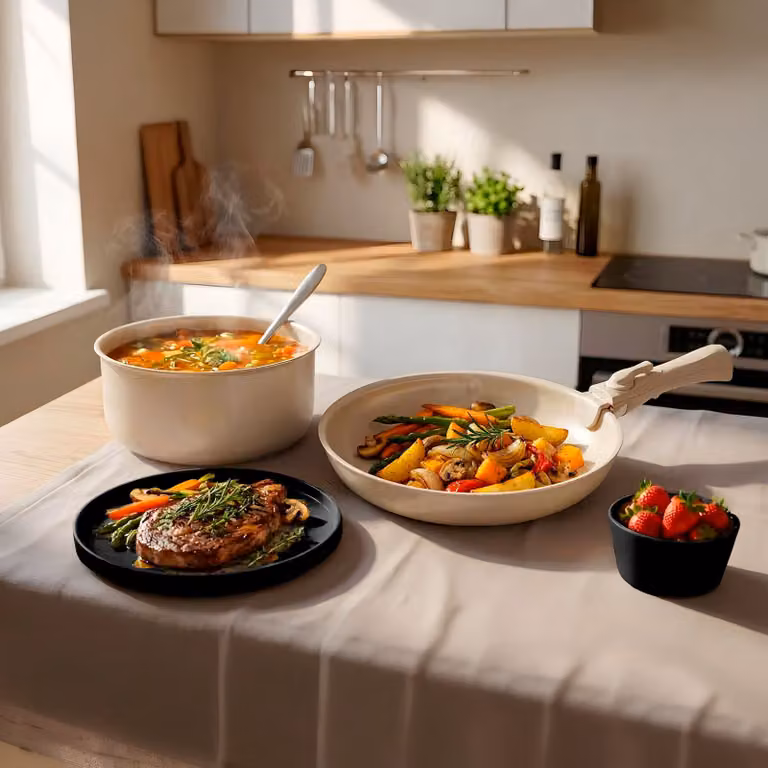 Set iniziale da cucina tectake per 6 persone con stoviglie e pentole, 44 pezzi, nero/bianco