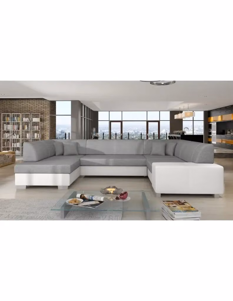 Divano panoramico a U HAVANA MEUBLORAMA convertibile per 6 persone, Grigio e Bianco, con struttura in legno massiccio e coperture rimovibili, L: 322 cm, P: 204 cm, H: 72 cm – 2