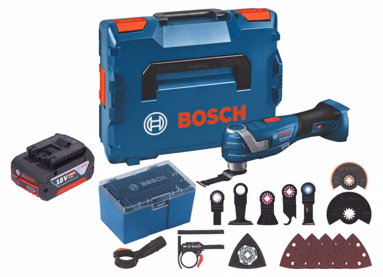 Bosch GOP 18V-34 Multi Cutter professionale a batteria 18 V Starlock Plus + 1x batteria ricaricabile 4,0 Ah + 17 accessori + L-Boxx - senza caricabatterie