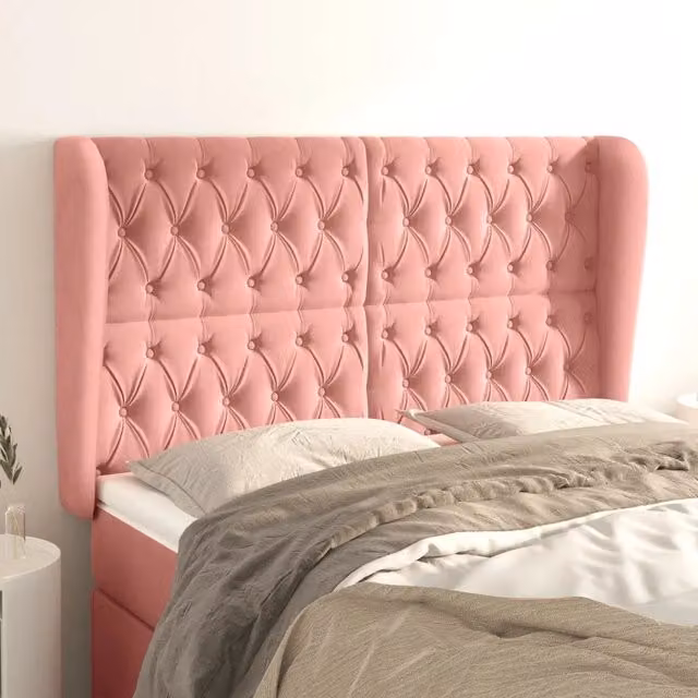 Testiera ad orecchio vidaXL in velluto rosa con struttura in legno e MDF, L: 163 cm, P: 23 cm, H: 118/128 cm