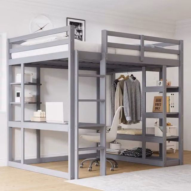 Letto a soppalco matrimoniale OKWISH in legno grigio con scrivania, ripiani e guardaroba, L/P/H: 205 x 140 x 148,2 cm