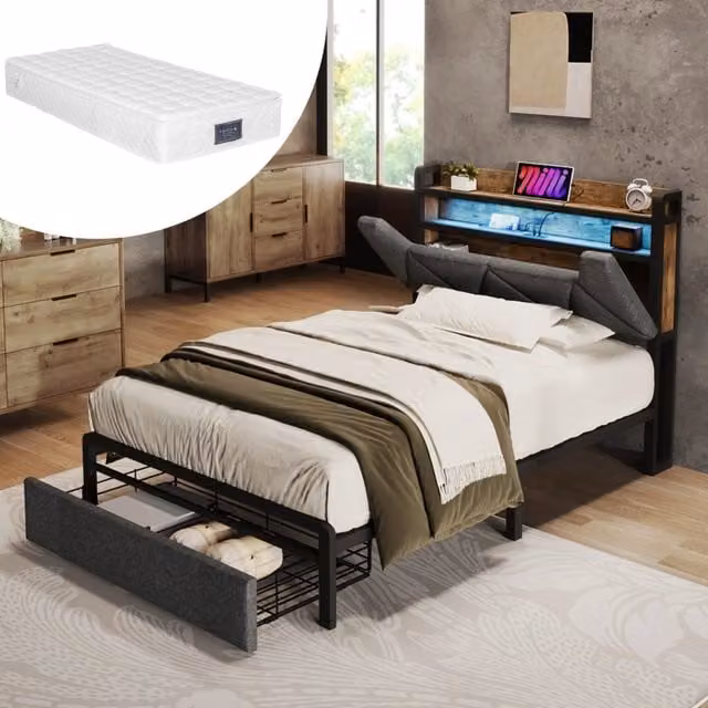 Letto una piazza 90x200 cm con testiera contenitore; LED; USB-C; cassetti; grigio