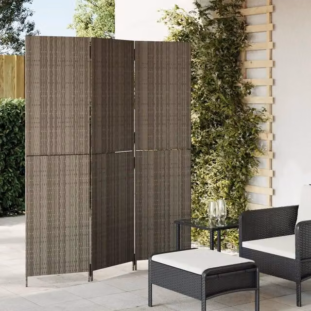 Divisorio per ambienti vidaXL a 3 pannelli in polyrattan grigio con struttura in metallo – 1