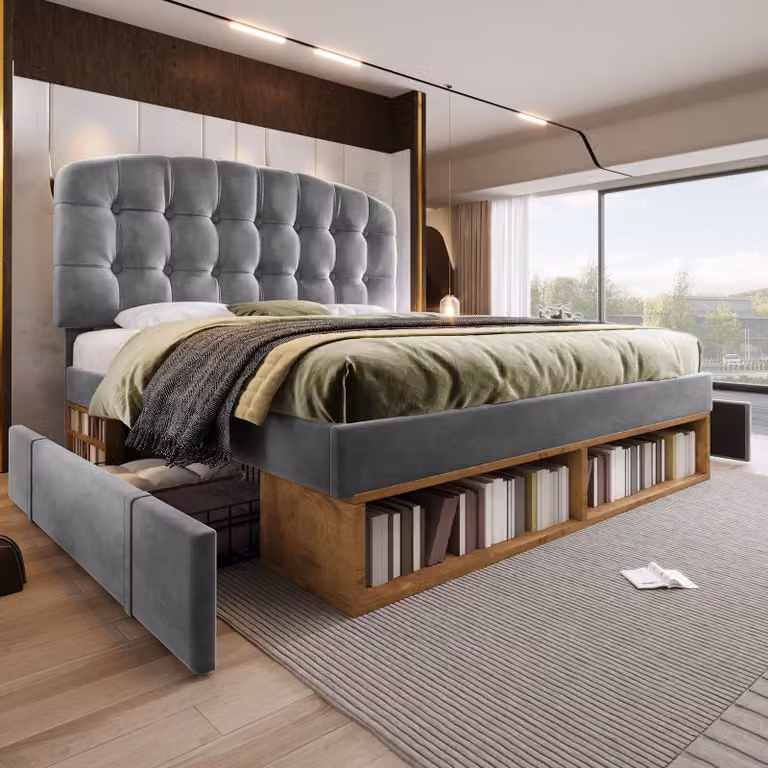 okwish Letto imbottito 140x200 Letto singolo con testiera curva regolabile in altezza Letto per ragazzi Letto funzionale con cassetti e scomparti aperti Struttura letto con rete a doghe Grigio (senza materasso)