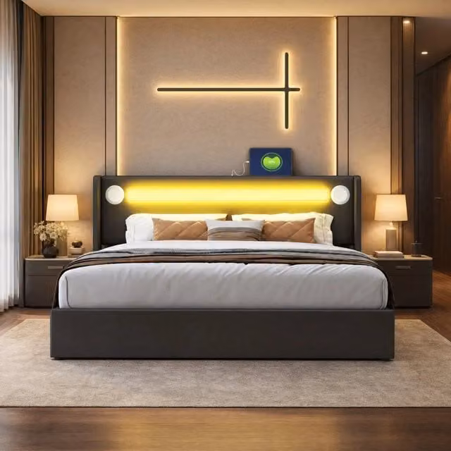 Letto contenitore 160x200 cm nero in similpelle con LED, Bluetooth e USB