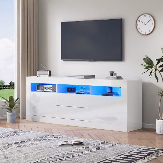 Mobile porta TV con LED, 3 vani aperti, 2 ante e 2 cassetti, effetto lucido, in truciolato bianco, 160 × 35 × 60 cm