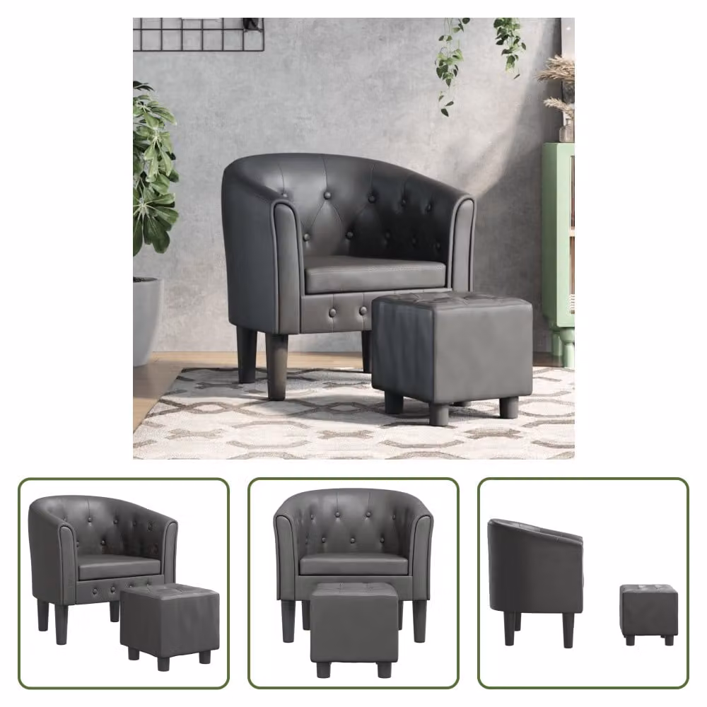 The Living Store Sedia club con poggiapiedi in ecopelle grigia