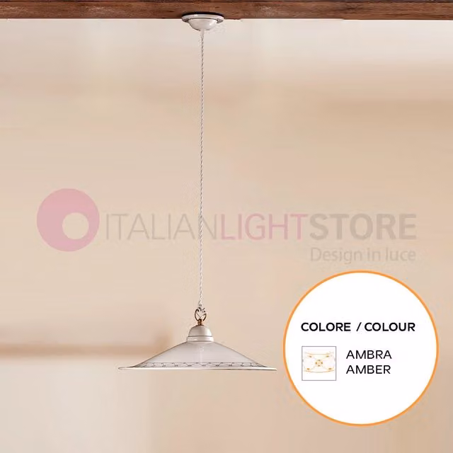 Lampada a sospensione Fiesole di Ceramiche Borso in ceramica con decori ambra e finiture oro, stile rustico country, diametro: 43 cm