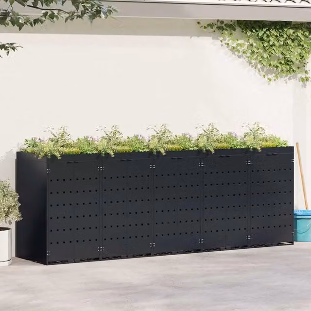 vidaXL Contenitore per Rifiuti in Acciaio per 5 Bidoni, Nero, L: 340 cm, P: 77,5 cm, H: 121,5 cm