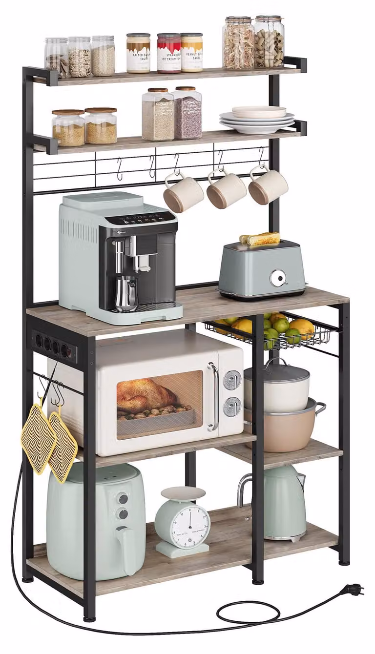 VASAGLE, scaffale da cucina, scaffale autoportante con prese di corrente, 8 ganci a S, con cesto