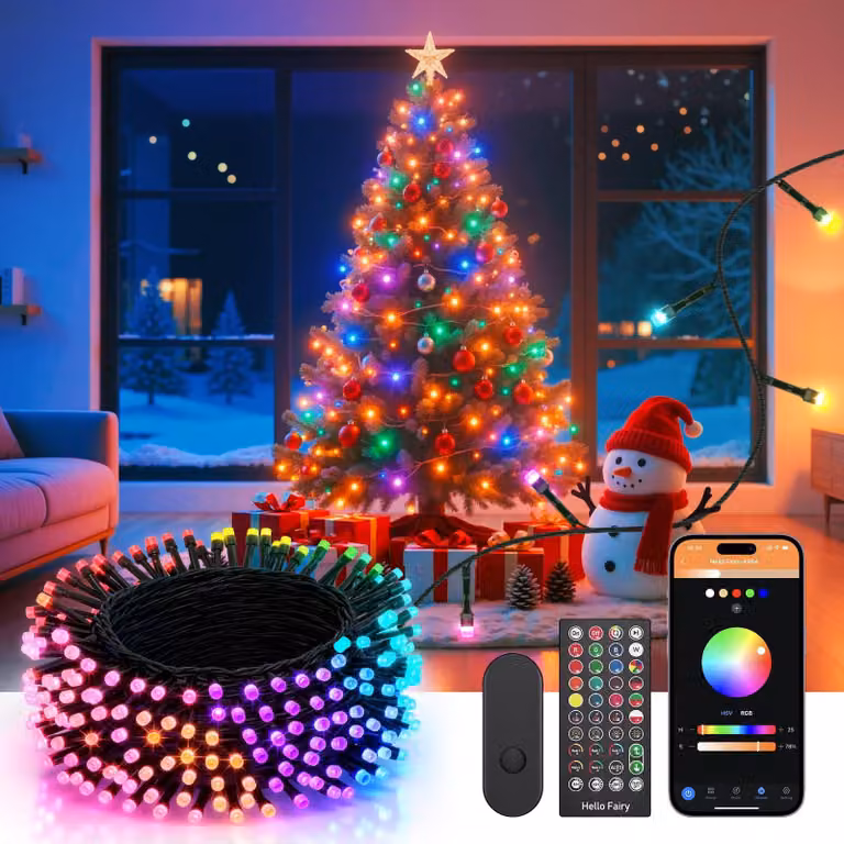 Catena luminosa a LED, 20 metri, 200 LED RGB + luce calda, controllo tramite app/telecomando IR, grado di protezione IP44