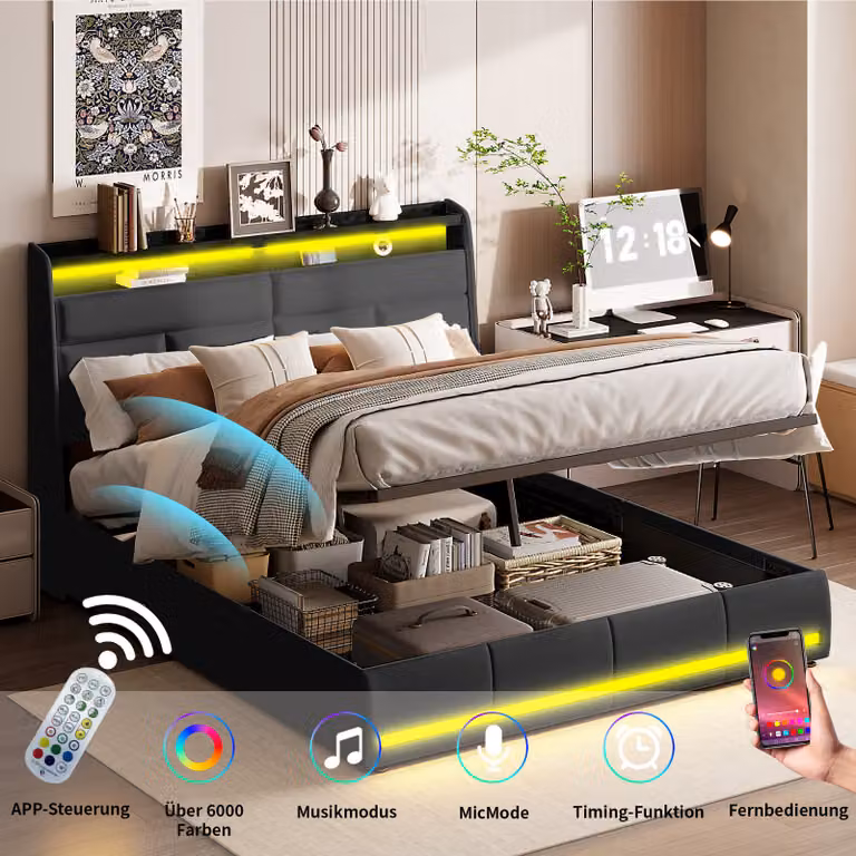 UnboxG letto imbottito 160x200cm matrimoniale con led, letto in legno massiccio con rete a doghe e testata, letto contenitore funzionale, letto contenitore con contenitore, letto a molle con vano contenitore, nero