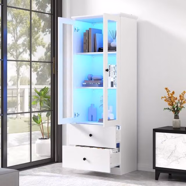 Vetrina con LED Bluetooth; 2 cassetti e ripiani regolabili in MDF bianco opaco 60 × 35;5 × 165 cm