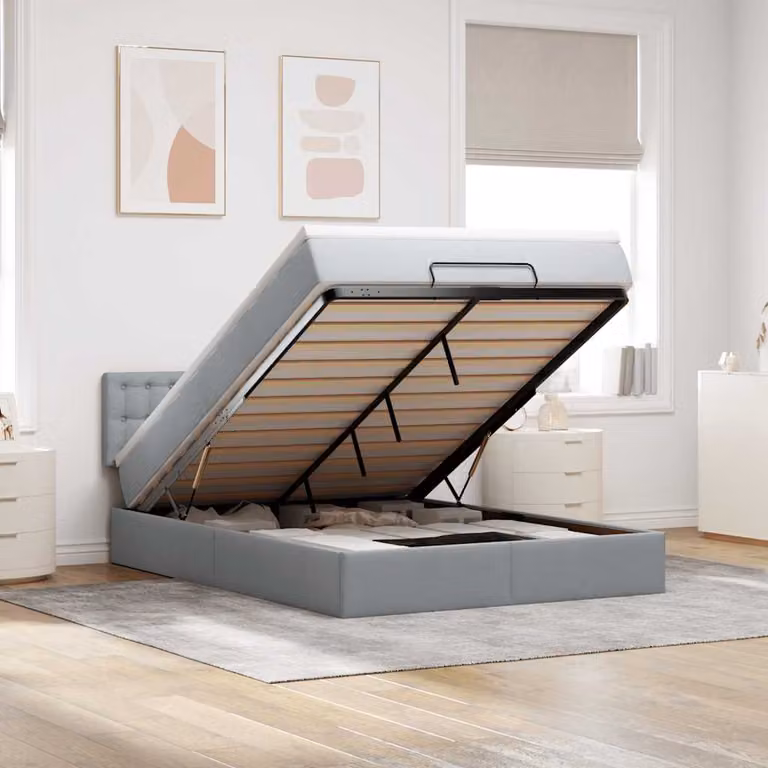 vidaXL Struttura Letto con Materasso e Pouf in Tessuto con Base a Sollevamento, Illuminazione Sotto il Letto e Porte USB, L: 144 cm, P: 203 cm, H: 88 cm