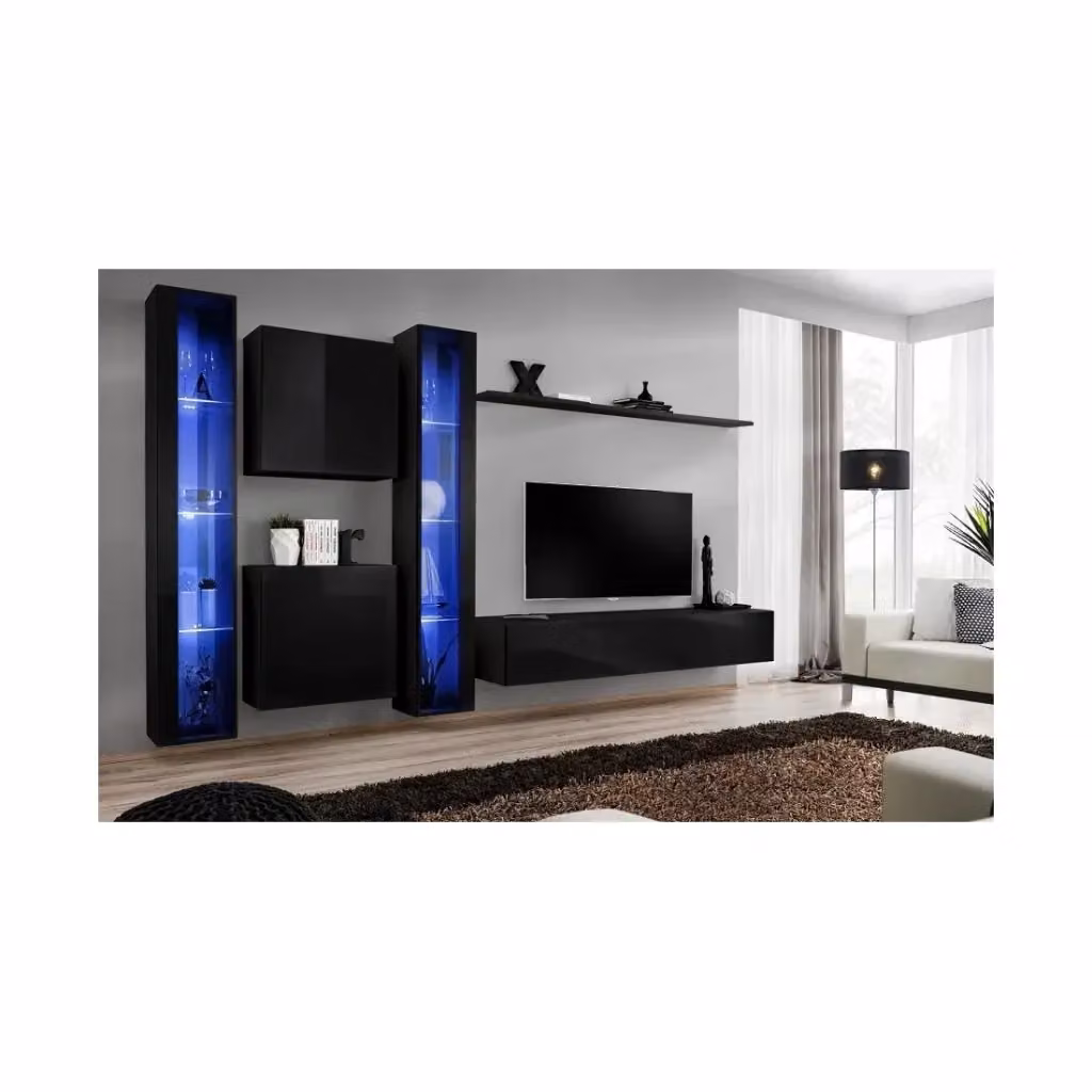 Composizione murale Meublorama SWITCH XVI in nero lucido con mobile TV, vetrine in vetro con illuminazione integrata e scaffali per il tuo soggiorno L: 330 cm, H: 180 cm, P: 40 cm – 2